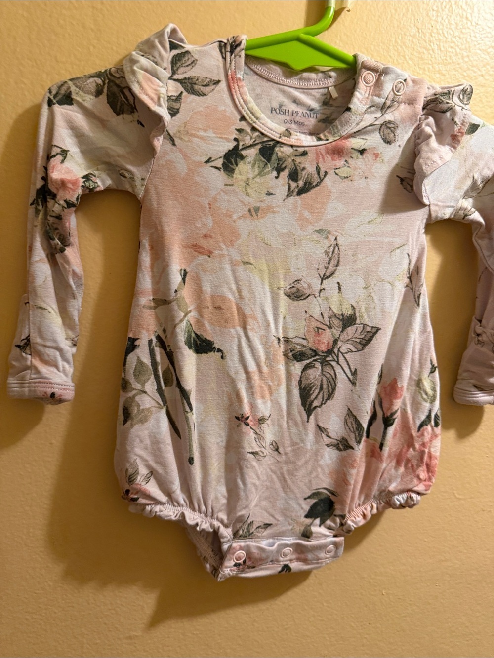 Posh Peanut Pink Floral Ruffle Long Sleeve Baby Bodysuit